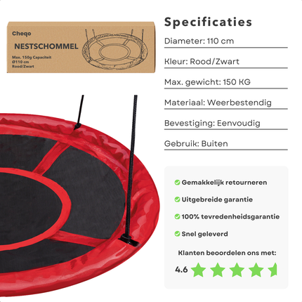 Cheqo® Nestschommel 110 cm - Buiten Schommelen - Schotelschommel - Kinderschommel - Hangschommel - Schommel - Rood Zwart - Hoog Draaggewicht