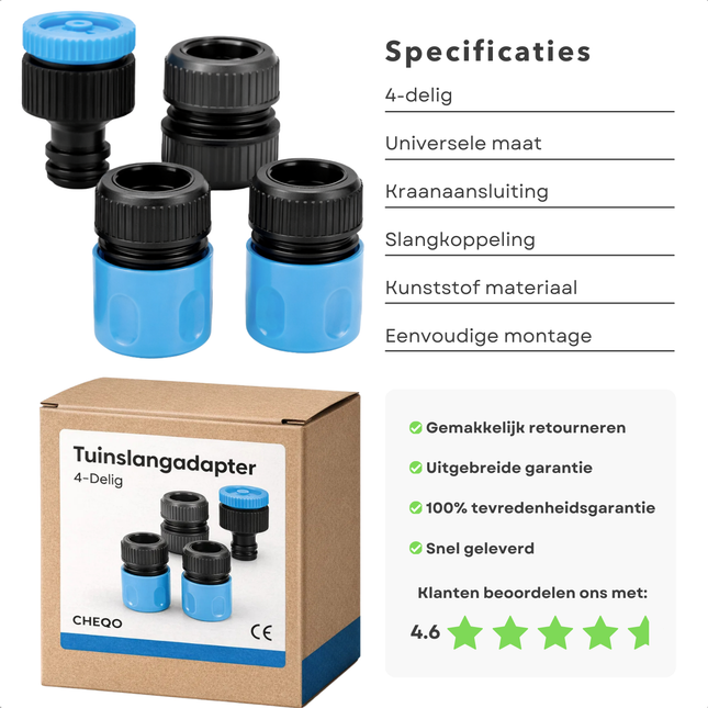 Cheqo® Tuinslangadapter Set - Tuinslangadapter - Tuinslangkoppeling - Kraankoppeling Tuinslang - Tuinslangkoppelset - Tuinslang Koppelingen Set - Tuinslang Opzetstukken Set - Slangconnector - Slang Koppeling - Kraanadapter Tuinslang