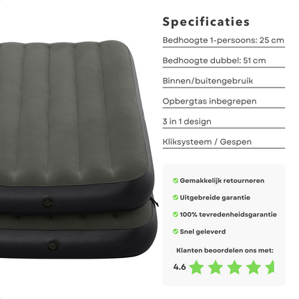 Cheqo® 3-in-1 Luchtbed - Opblaasmatras met Kliksysteem en Dubbel Luchtbed -Zachte Bovenkant - 188 x 99 cm - Snel Opgepompt - Stevig Vinyl - Outdoor - Slaapmat - Camping Matras - Waterbestendig - Incl. Opbergtas - Verstelbare Gespen Luchtbedden