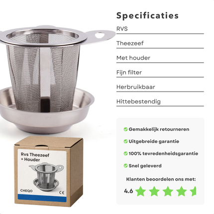 Cheqo® Theezeef - Theezeef met Houder - Theezeef met Opvangbakje - Theezeef met Lekbakje - Theezeef met Standaard - Theezeef voor Losse Thee - Thee Filter - Theezeef voor Theepot