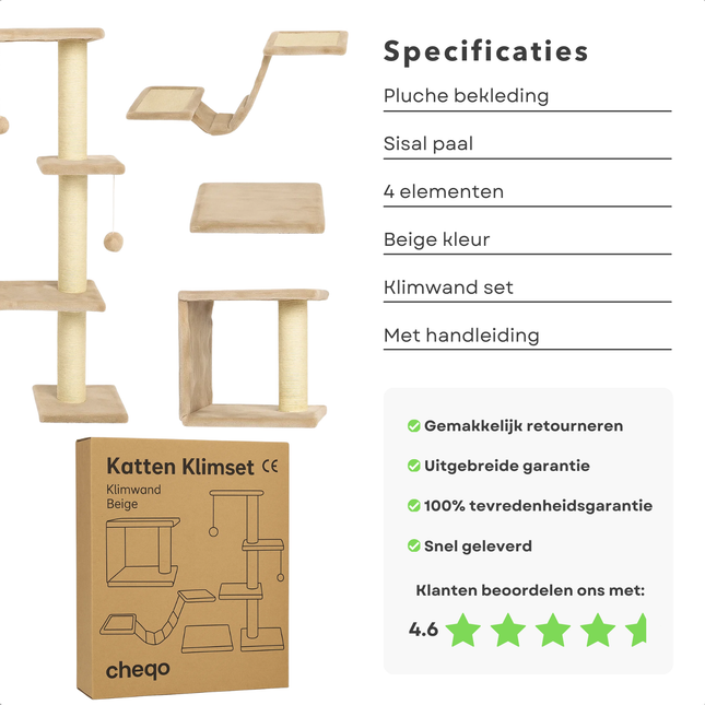 Cheqo® Katten Klimwand - Katten Muur - Krabpaal - Katten Speelwand - Katten Klimmen - Complete Set - Beige Kattenwand - Klimmogelijkheden Kat - Kattenmeubel Wand - Katten Speelset - Katten Klimset - Katten Klim Onderdelen