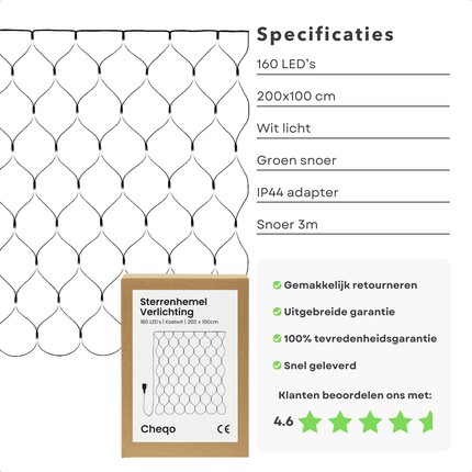 Cheqo® Netverlichting Buiten - Kerstverlichting Buiten - Kerstlampjes 160 LED Lampjes - IP44 Adapter - Koelwit Licht - Groen Snoer - 200x100 CM - Lichtnet Kerstverlichting - Tuinverlichting - Struikverlichting - Sterrenhemel Effect - Lichttapijt