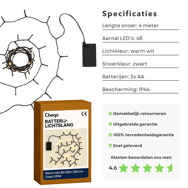Cheqo® Kerstverlichting op Batterij - Kerstlampjes - Warm Wit Licht - Kerstboomverlichting op Batterijen - 48 Leds - Binnen En Buiten - Met Timer - 8-Functies - IP44 - 4 Meter - Kerst Lampjes