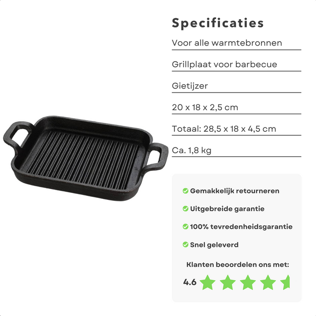 Cheqo® Barbecue Grillplaat - Gietijzer - 20x18x2,5cm - Ideaal voor BBQ - Duurzaam en Sterk - Groenten - Vlees - Vis  - Betrouwbare keuze - Met Handvatten - 28,5x18x4,5cm - 1,8kg - Voor Thuis - Voor op De Camping - Grillpan - Anti-Aanbaklaag Grillpannen