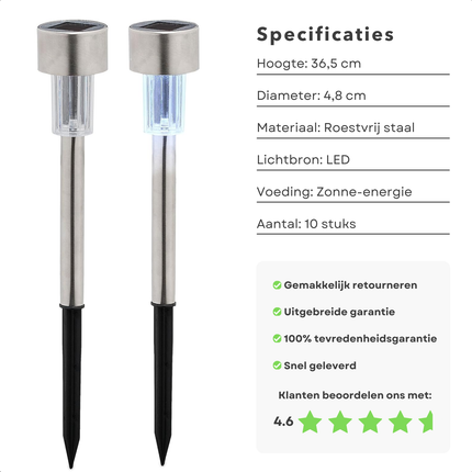 Cheqo® Solar Tuinverlichting Set - Solar Tuinspot - Buitenlamp - Tuinfakkels - Prikspots - Padverlichting - RVS - 36,5 cm - Buitenverlichting op Zonne-energie - 10 Stuks