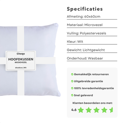 Cheqo® Microvezel Kussen 60x60 - Comfortabel Hoofdkussen - Zacht en Ondersteunend