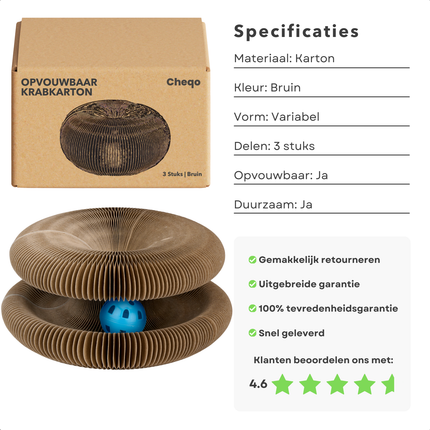 Cheqo® Krabkarton Kat - Opvouwbaar Kattenspeelgoed - Krabtoren - Flexibel Krabmeubel - Duurzaam Karton - 3 Stuks
