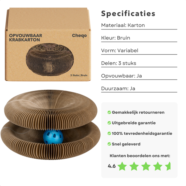 Cheqo® Krabkarton Kat - Opvouwbaar Kattenspeelgoed - Krabtoren - Flexibel Krabmeubel - Duurzaam Karton - 3 Stuks