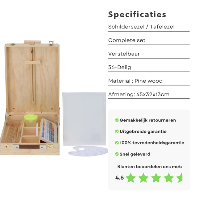 Cheqo Complete Schildersezel en Schilderkoffer Set van 36-delig met verstelbare tafelezel, canvasdoek en schildersbenodigdheden.