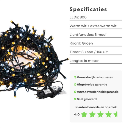 Cheqo® Kerstverlichting - Kerstboomverlichting - Kerstlampjes - Sfeerverlichting - LED Verlichting - Voor Binnen en Buiten - Tuinverlichting - Feestverlichting - Lichtsnoer - Microcluster - 800 LED's - 16M - Wit & Extra Warm Wit - Timer - 8 Lichtfuncties Kerstboomverlichting