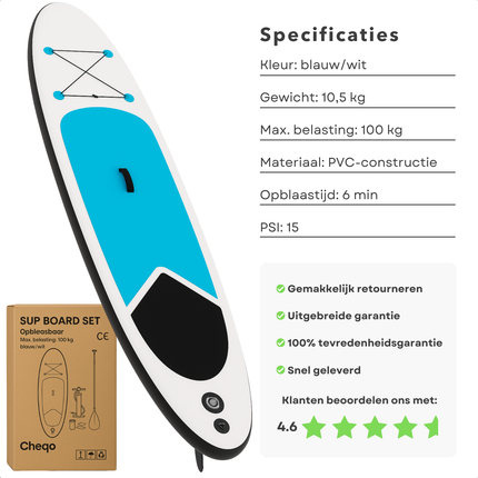 Cheqo® Opblaasbaar SUP Board Set - Supboard - Sup Pakket - Paddle Board - Anti-slip - Complete Set met Accessoires - Blauw/Wit - PVC Constructie