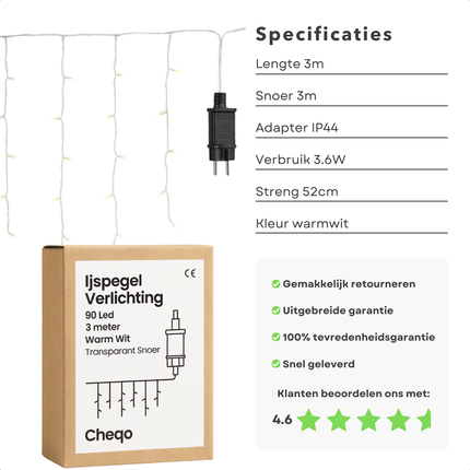 Cheqo® Ijspegel Verlichting - Kerstverlichting Warm Wit - Ijspegelverlichting Transparant Snoer - 90 LED - Lichtgordijn - Kerstverlichting Buiten - voor Binnen en Buiten - IP44 Adapter - Energiezuinig - Decoratieve Verlichting