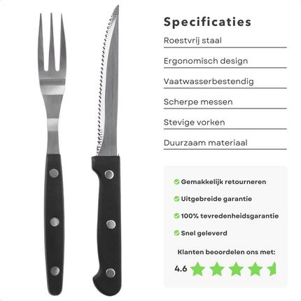 Cheqo® BBQ Steakmessen en Vorken Set - Steakmes - Barbecue Bestek - 8-delig - RVS Zwart - Perfect voor BBQ