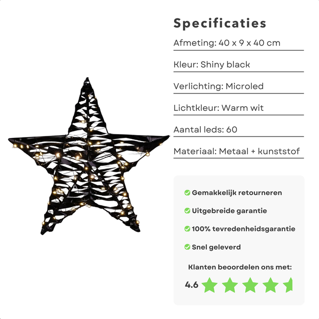 Cheqo® Verlichte Kerstster - Kerstkrans - Deurkrans - Kerst Ster Zwart - 40 cm - Microled - Metalen Decoratie voor Binnen