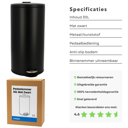 Cheqo® Pedaalemmer 30L – Mat Zwarte Prullenbak – 30 Liter Afvalemmer – Pedaalbediening – Anti-Slip Bodem – Uitneembare Binnenemmer – Keuken Afvalbak – Bijkeuken Prullenbak – Huishoudelijk Gebruik – Mat Zwart Design – Ruime Pedaalemmer