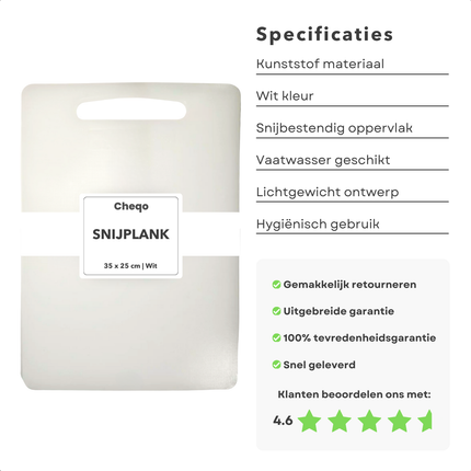 Cheqo® Witte Kunststof Snijplank - Snijplanken - Serveerplank -Tapasplank - 35x25 cm - Hygiënisch en Duurzaam