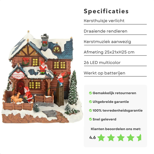Cheqo® Kersthuisje Polyresin - Kersthuis - Kerstdecoratie Huisje - Kersttafereel - Kerstdorp Huis - Verlicht en Muziek -Draaiende Rendieren
