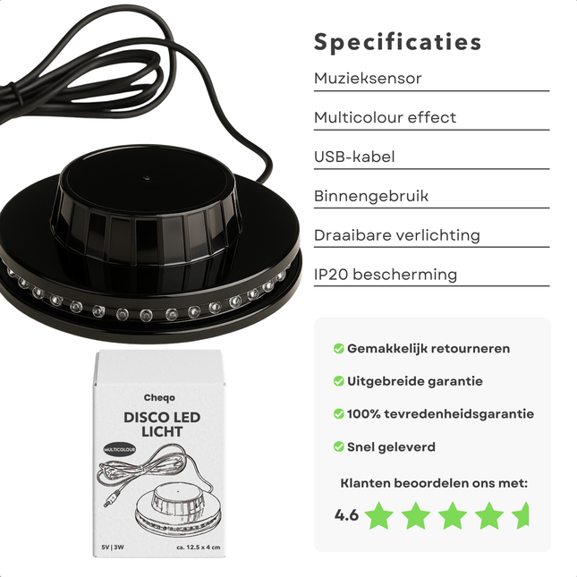 Cheqo® Discolicht - Discolamp - Party Lights - Disco Licht - Multicolour LED - Muzieksensor - 360 Graden Draaibaar - USB