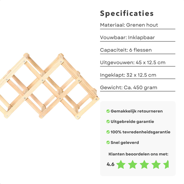 Inklapbaar Cheqo® houten wijnrek, geschikt voor 6 flessen, gemaakt van duurzaam grenen hout met afmetingen en klanttevredenheidsscore.