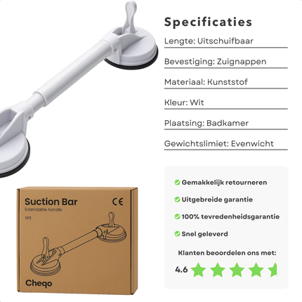 Cheqo® Douche Handgreep Met Zuignap - Veiligheidsgreep Badkamer - Handgreep Voor Ouderen - Zonder Boren - Uitschuifbare Handgreep - Gladde Oppervlakken - Verplaatsbare Handgreep - Sterke Zuignappen - Handgreep Toilet - Handgreep Met Klemmen