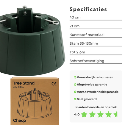 Cheqo® Kerstboomstandaard - Kerstboomvoet - Stabiele Kerstboomstandaard - Kerstboomstandaard Kunststof - Kerstboomstandaard Tot 2,6 Meter - Stevige Constructie - Kerstboomstandaard Zonder Gereedschap - Kerstboomstandaard Stamdiameter 35-130 mm