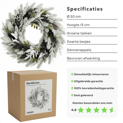 Cheqo® Kerstkrans Met Dennenappels - Winterse Sfeer - Sneeuw Afwerking - Zwarte Besjes - Polyetheen Materiaal - Diameter 50 CM - Deurdecoratie Kerst - Muurdecoratie Kerst - Deurkrans - Kerst Krans
