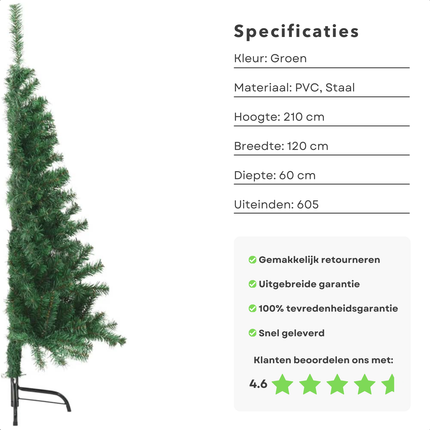 Cheqo® Kerstboom - Kunstkerstboom PVC - Halve Boom 210 cm - Ruimtebesparend - Inclusief Standaard