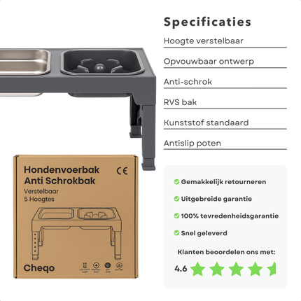 Cheqo® Verstelbare Hondenvoerbak – 5 Hoogtes – Anti Schrokbak & Slow Feeder – RVS Drinkbak – Opklapbaar – Kunststof Standaard – Anti-Slip Poten – Dubbele Eet- en Drinkbak – Voor Grote & Kleine Honden – Zwart – Morsbestendig