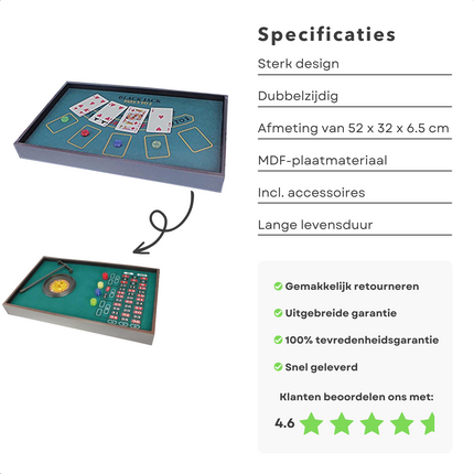 Cheqo® 2-in-1 Casino Speeltafel - Pokertafel - Roulette en Blackjack - Dubbelzijdig Speelmat - Inclusief Kaarten, Dobbelstenen, Pokerchips, Roulette Wiel & Hark - MDF Plaatmateriaal - 52 x 32 x 6.5 cm - Speelkleed - Gezelschapsspel Spellen