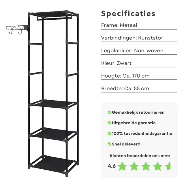 Cheqo® kledingrek met metalen frame, 3 legplanken, zwart, 170 cm hoog, specificaties en klantbeoordeling met 4.6 sterren.