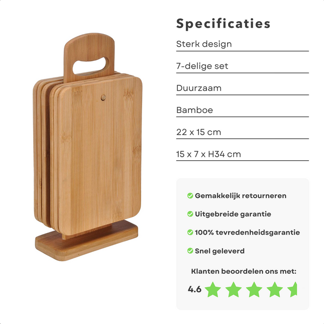 Cheqo® Snijplanken Op Standaard 7 Delig - Bamboe Snijplank Set - Milieuvriendelijke Snijplanken - Inclusief Standaard - 6 Snijplanken - 22x15cm - 15x7xH34cm - Hakblok - Vleesplank - Borrelplank - Staand Model - Serveerplank - Duurzaam Snijplanken