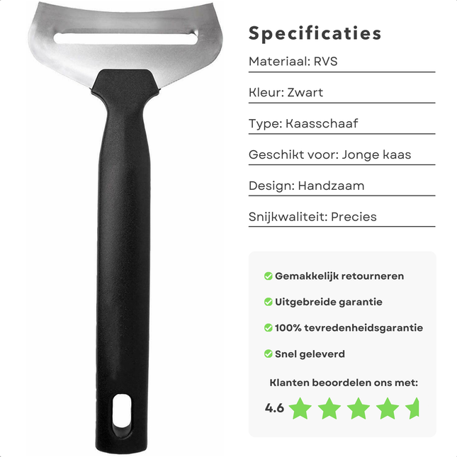 Cheqo® Kaasschaaf RVS/Zwart - Kaas Schaaf - Kaasschaaf voor Oude Kaas en Jonge Kaas - Ergonomisch Ontwerp - Perfect voor Jonge Kaas