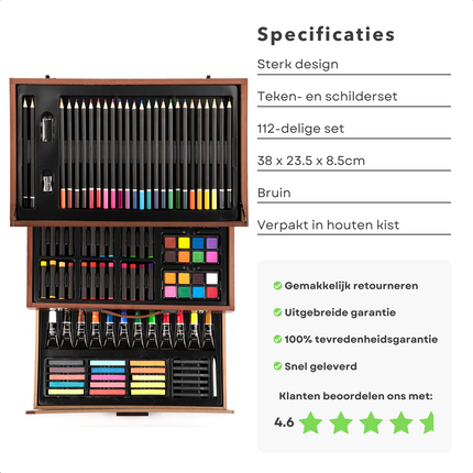 Cheqo® Teken- en Schilderset - 112-delig - Houten Koffer - 38x23,5x8,5cm - Kleurpotloden, Waterverf, Oliepastels, Softpastels, Acrylverf, Grafiet, Penselen, Gum, Puntenslijper - Voor Volwassenen en Kinderen - Tekenset - Tekenkoffer - Schilderkist Schildersets