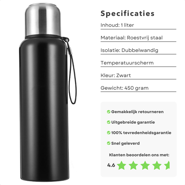 Cheqo® Slimme Thermosfles 1L met LCD-display, dubbelwandig zwart RVS, ideaal voor warme en koude dranken.