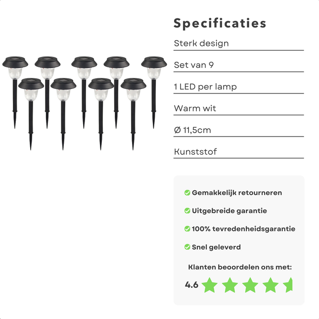 Set van 9 Cheqo® Solar LED prikspots met warm wit licht, Ø 11.5cm, duurzaam kunststof, inclusief klantbeoordeling en specificaties.