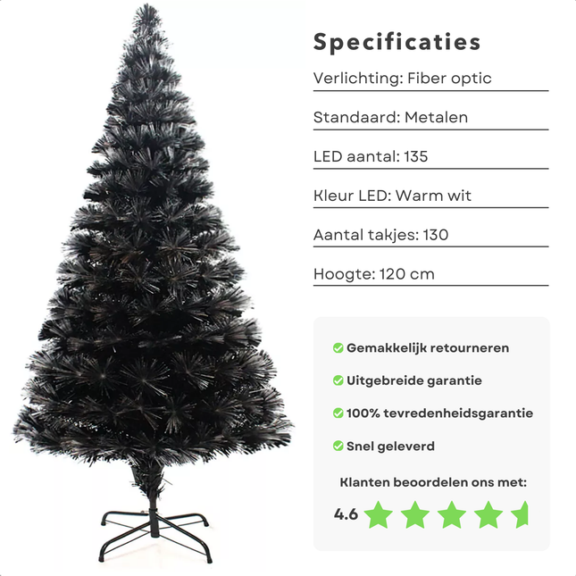 Cheqo kunstkerstboom met verlichting, 120 cm hoog, warm witte LED's, metalen standaard, met specificaties en klantbeoordeling 4.6 sterren.