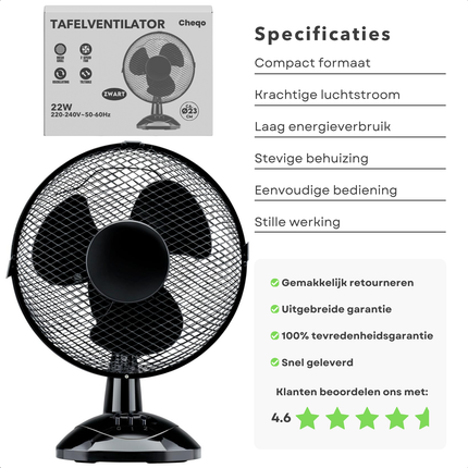Cheqo® Tafelventilator Ventilator - Airco Alternatief - 23 cm - Zwart - Bureau Ventilator - Stijlvol Design
