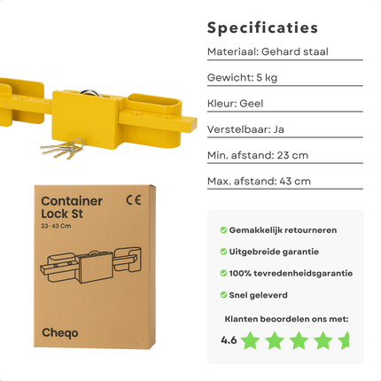 Cheqo® Containerslot Geel – Verstelbaar Containerslot 23-43 cm – Trailer- en Containerslot voor Vrachtwagens & Opleggers – Gemaakt van Gehard Staal – Anti-Diefstal Slot met Sleutels – Beveiliging voor Transport & Zeecontainers