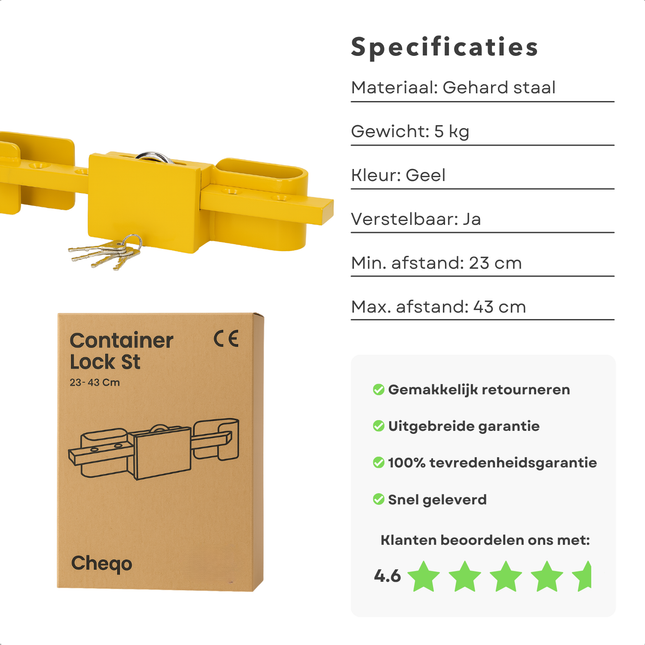 Cheqo® Containerslot Geel – Verstelbaar Containerslot 23-43 cm – Trailer- en Containerslot voor Vrachtwagens & Opleggers – Gemaakt van Gehard Staal – Anti-Diefstal Slot met Sleutels – Beveiliging voor Transport & Zeecontainers