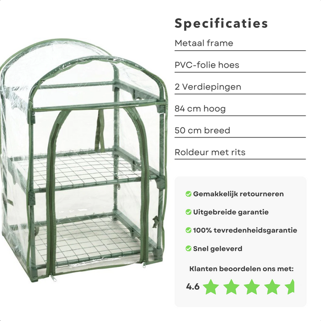 Cheqo® Duurzame Plantenkas - Tuinkas - 2 Verdiepingen - 50 x 45 x 84 cm - Mini-kas voor Tuinliefhebbers - Kweekkas