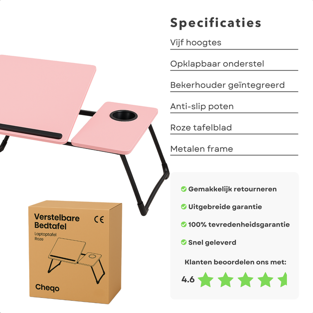 Cheqo® Verstelbare Laptoptafel - Laptopstandaard - Laptop Tafel - Opklapbare Bedtafel MDF - Banktafel Anti-slip - Ontbijttafel - Ontbijt op Bed Tafel - Metaal - Roze