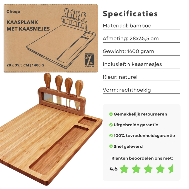Cheqo® Bamboe Kaasplank - Kaasplankje - Serveerplank - Hapjesplank - Extra Groot - Inclusief Kaasmesjes - Luxe Borrelplank