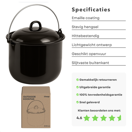 Cheqo® Outdoor Kookpan - Camping Pan - 24 cm Enamel - Geschikt voor Barbecue en Open Vuur - BBQ Pan