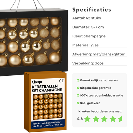 Cheqo® Kerstballen Set - Champagne Kleur - Ø7 cm - Glas Kerstballen - Kerstboom Decoratie - Matte En Glimmende - Glitter Kerstballen - Trendy En Modern - Warme Uitstraling - Verschillende Afmetingen - Kerstbal Set