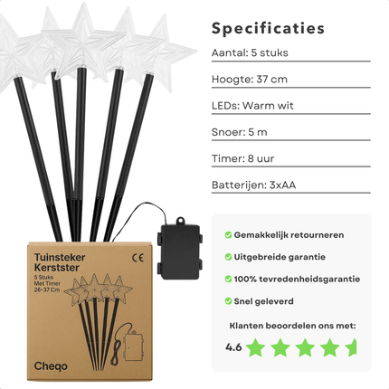 Cheqo® Tuinsteker Kerstster - LED Tuinstekers - Kerstverlichting Buiten - Set Van 5 - Met Timer - Op Batterijen - Warm Wit Licht - Acryl Kerstster - Kunststof Grondpen - IP44 Geschikt Voor Buiten - Automatische Timer - 8 Uur Aan 16 Uur Uit