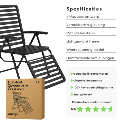 Cheqo® Opvouwbare Tuinstoel met Voetensteun - Camping Stoel - Zonnenbed - Tuin Stoel Lounge - Balkonstoel - Loungestoel - Aluminium Relaxstoel
