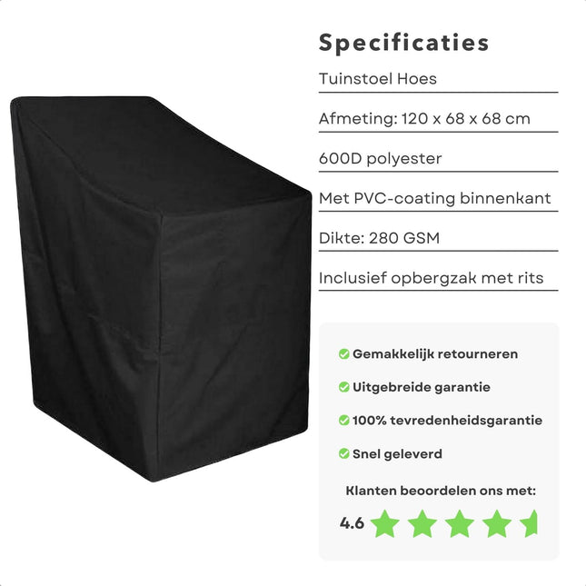 Cheqo® Waterdichte Afdekhoes voor Tuinstoelen - Zware Kwaliteit - Stapelstoelen Beschermhoes - 120 x 68 x 68 cm - Incl. Opbergzak - UV Bescherming - PVC Coating - 600D Polyester - Hoge Kwaliteit - Tuinhoes - Tuinsethoes - Tuinmeubelhoes - 4-6 Stoelen tuinmeubelhoezen