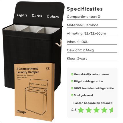Cheqo® Wasmand 3 Vakken - Wassorteerder - Bamboe Materiaal - Zwart Design - 100 Liter Inhoud - Licht Donker Kleur - Makkelijk Te Monteren - Geen Gereedschap Nodig - Wasbare Binnenzak - Wasgoed Organizer