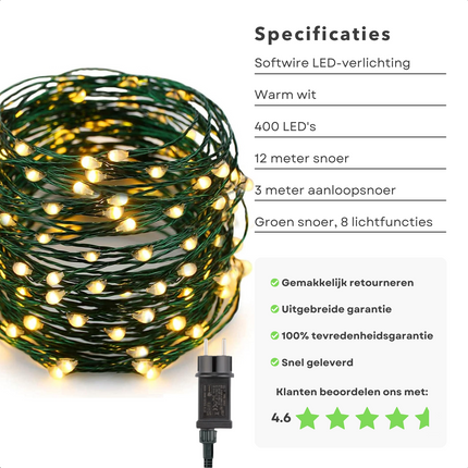Cheqo® Kerstverlichting - Kerstboomverlichting - Kerstlampjes - Sfeerverlichting - LED Verlichting - Voor Binnen en Buiten - Tuinverlichting - Feestverlichting - Lichtsnoer - Soft Wire - 400 LED's - 12 Meter - Warm Wit Kerstboomverlichting