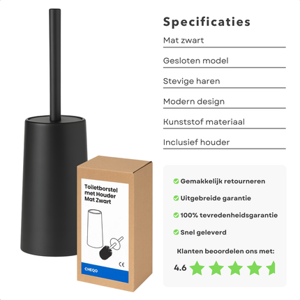 Cheqo® Toiletborstel Met Houder - Mat Zwart Toiletborstel - Modern Design WC Borstel - Gesloten Model Toiletborstel - Stevige Borstelharen - Geschikt Voor Toilet - Geschikt Voor Badkamer - Kunststof Toiletborstel - Toilet Borstel